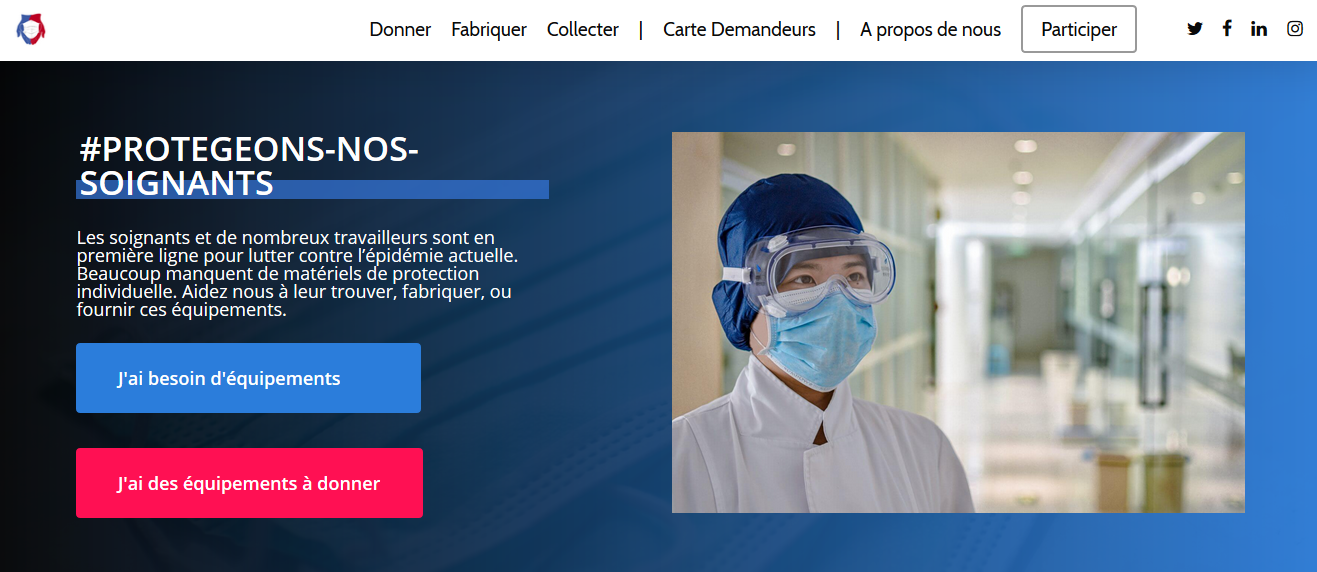 Capture d'écran de la plateforme Protégeons nos soignants