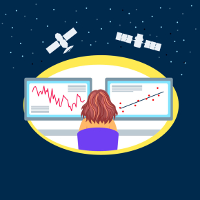 Illustration une personne devant des écrans d'ordinateurs observant des satellites